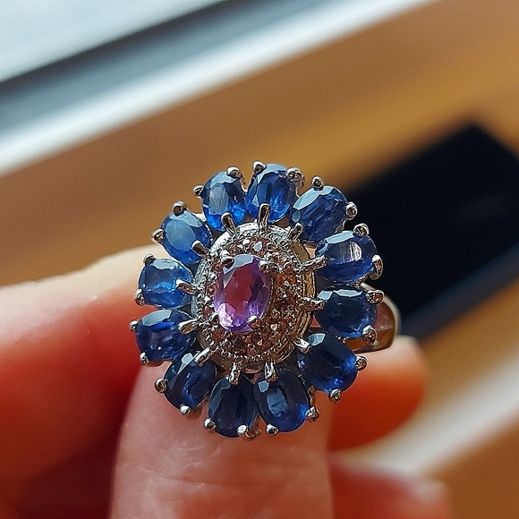 Natural Amethyst 6x4mm, Kyanite & Sapphire 925 Sterling Silver Ring Size 7.5 - Picture 5 of 5